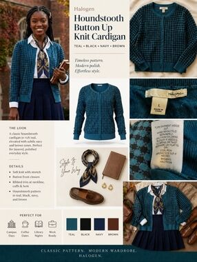 Halogen Houndstooth Button Up Knit Cardigan Teal Black Navy Brown LARGE